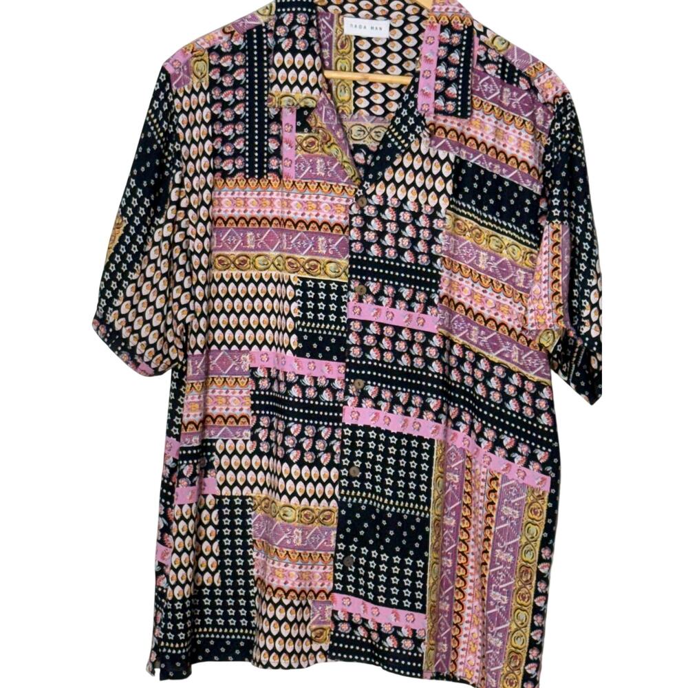 Raga Man Retro Camp Patchwork Button Down Shirt, … - image 1